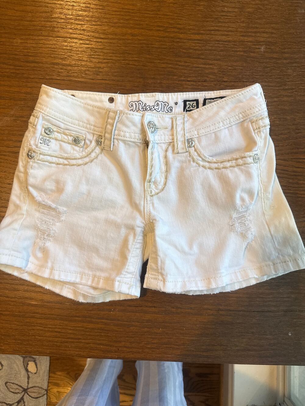 Miss Me White Distressed Denim Shorts Size 26 Flap Pocket Rhinestone Bling Y2K